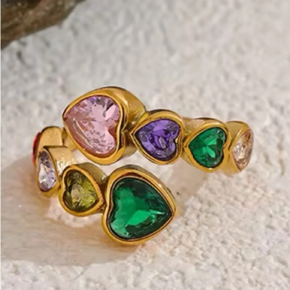 Diva Multicolor Crystal Heart 18K Gold Stainless Steel Waterproof Ring